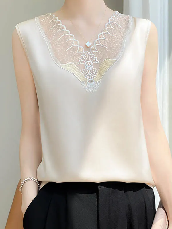 Loose Sleeveless Embroidered Mesh Split-Joint V-Neck Vest Top