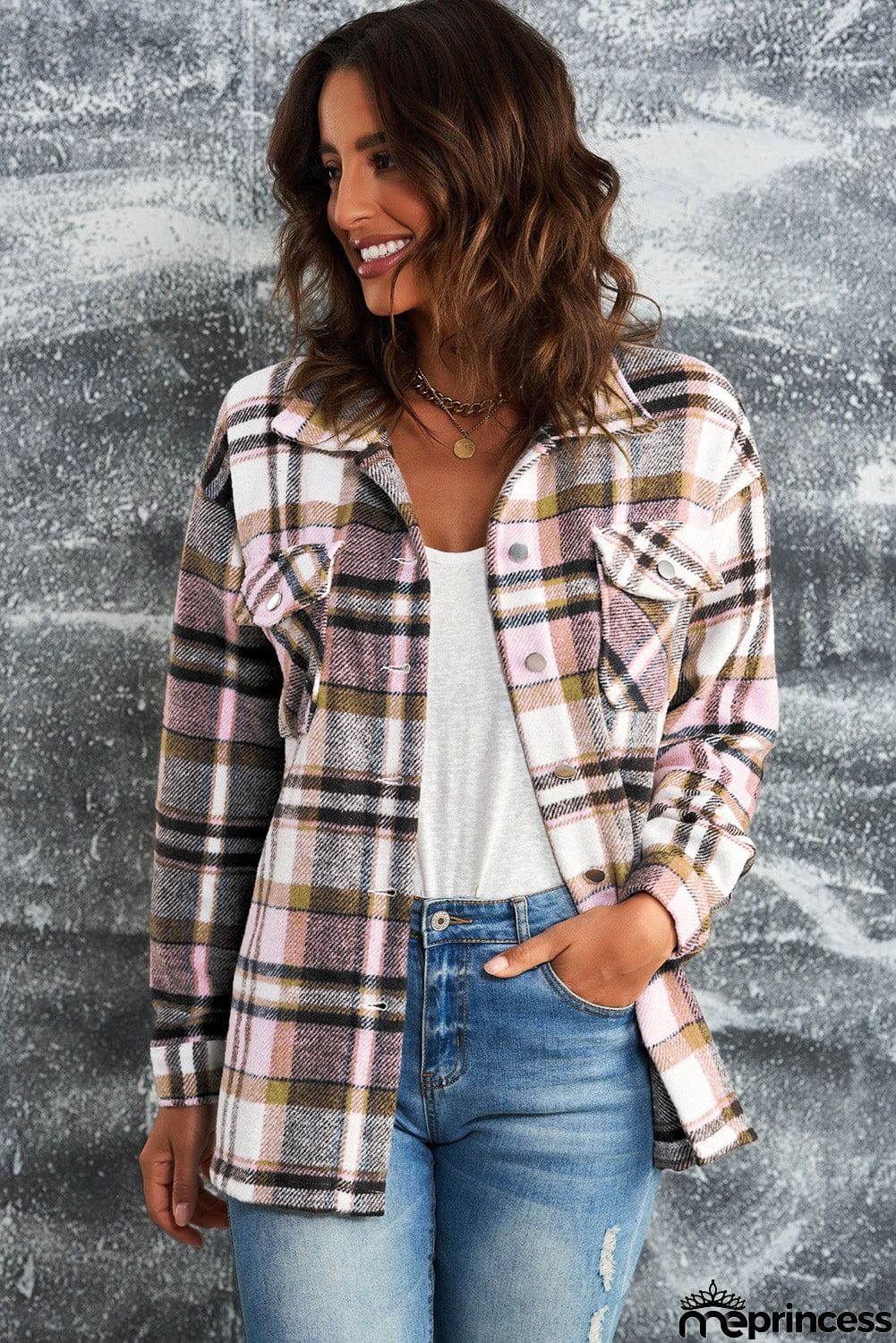 Womens Pink Plaid Shirt Shacket