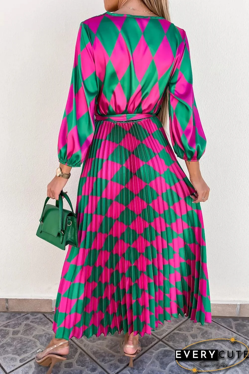 Multicolor Rhombus Contrast Color Block Belted Maxi Dress