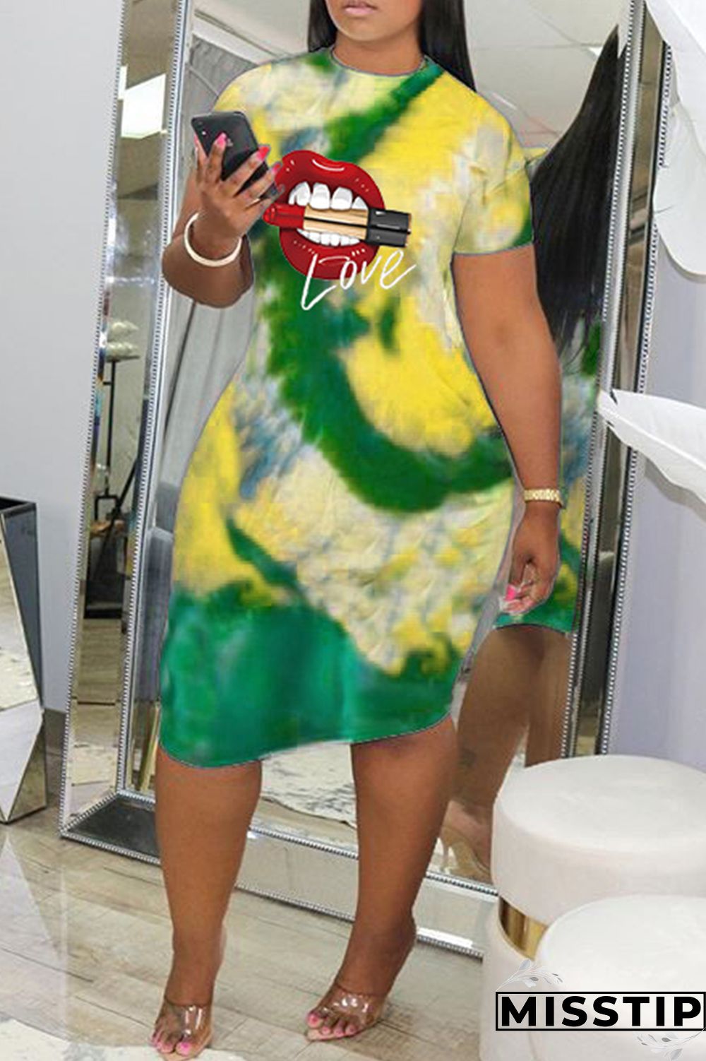Yellow Fashion Casual Lips Printed Tie-dye O Neck Short Sleeve Dress