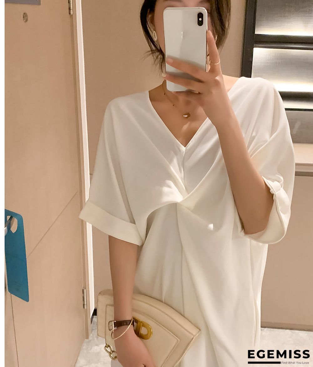 Extra large kinked t-shirt skirt loose tibetan meat slim backless v-neck dress white | EGEMISS