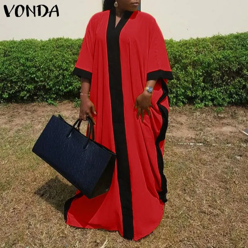 Summer Sexy V Neck Solid Women Maxi Dresses VONDA 2022 Ladies Pleated Baggy Vestidos Female Patchwork Print Party Robes Longue