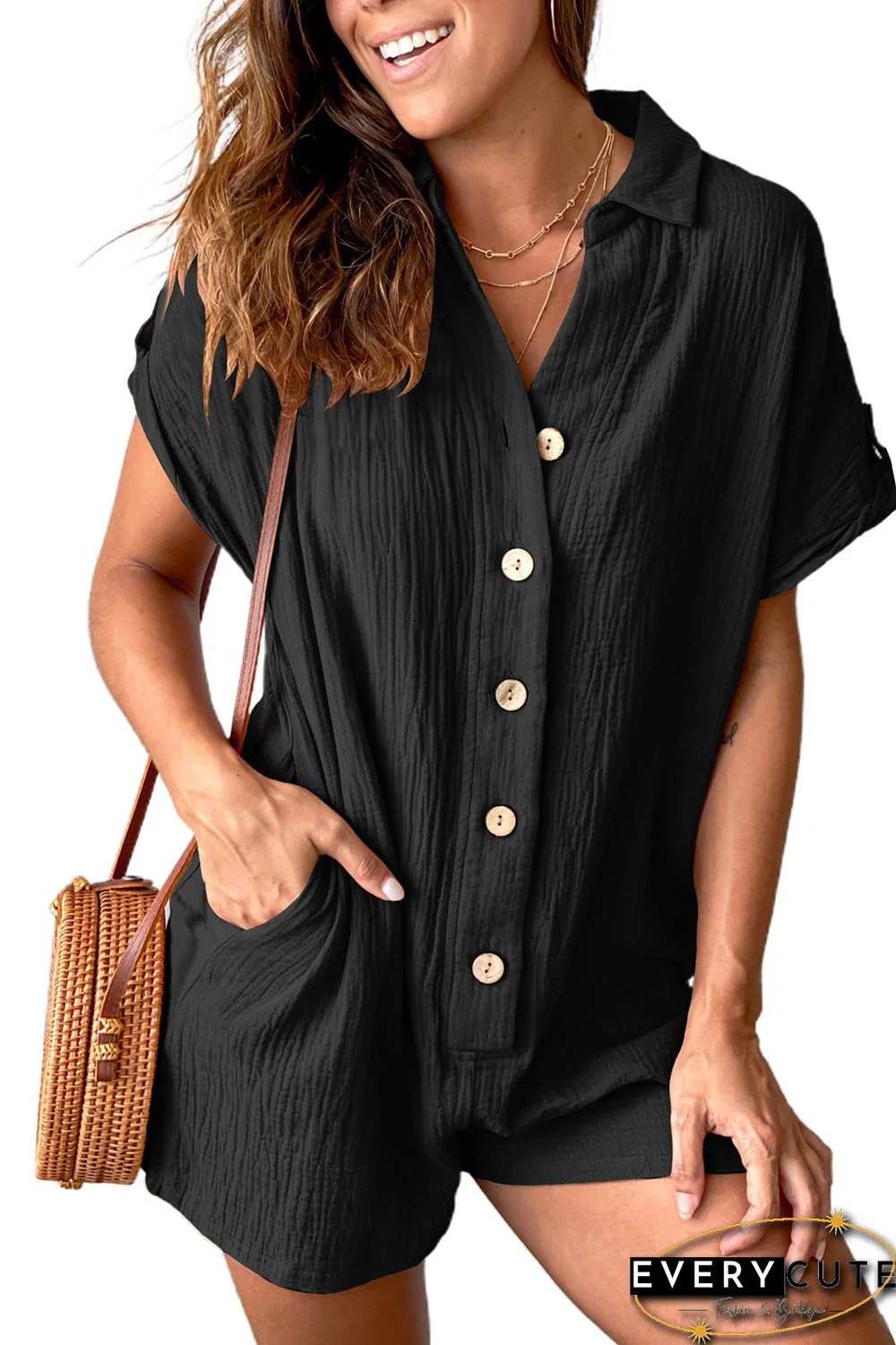 Black Buttoned Short Sleeve Romper with Pockets