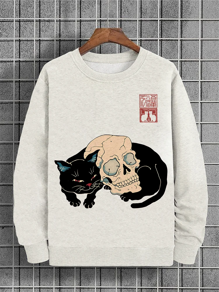 Men's Cat Japanese Art Print Cotton Casual Sweatshirt