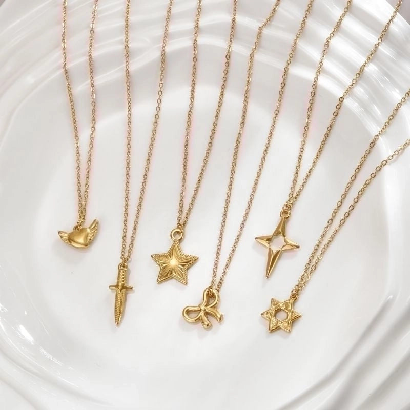 Stainless Steel 18K Gold Plated Minimalist Polishing Plating Star Heart Shape Bow Knot Pendant Necklace