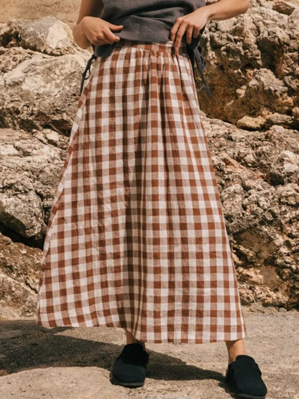 Plaid Cotton And Linen Skirt hjn Shicloths