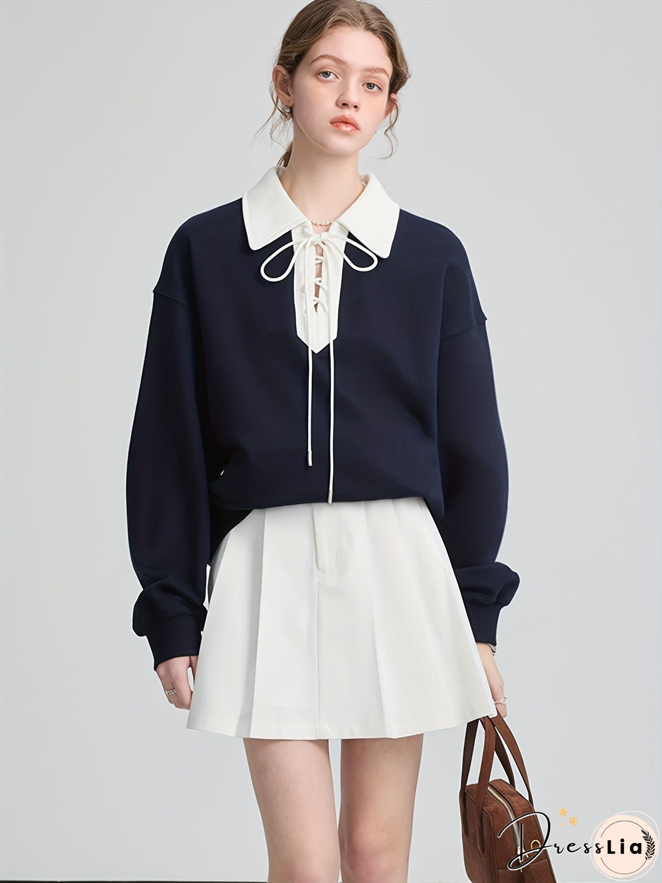 Lace Up Pullover Lapel Sweatshirt, Stylish Long Sleeve Sweatshirt For Fall & Winter, Women's Clothing