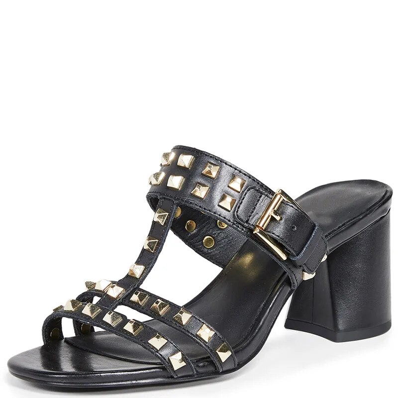 TAAFO Black Rivets Buckle Slippers Sandals Woman High Chunky Heels For Ladies Dress Shoes Ladies Slides Shoes