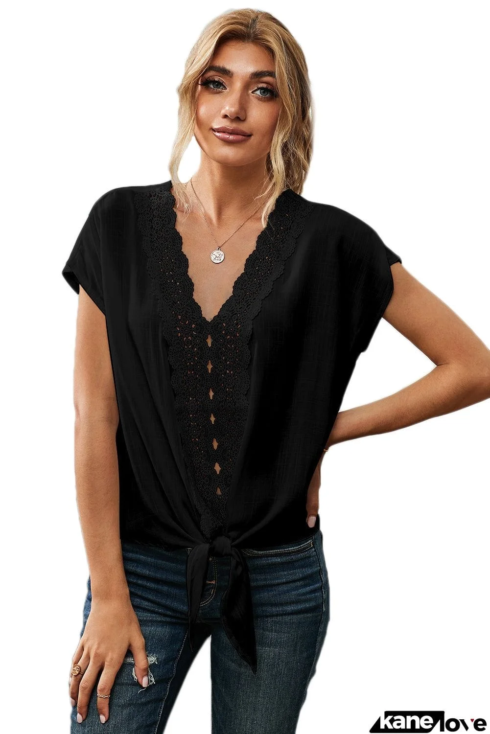 V Neck Lace Patchwork Tee with Knot