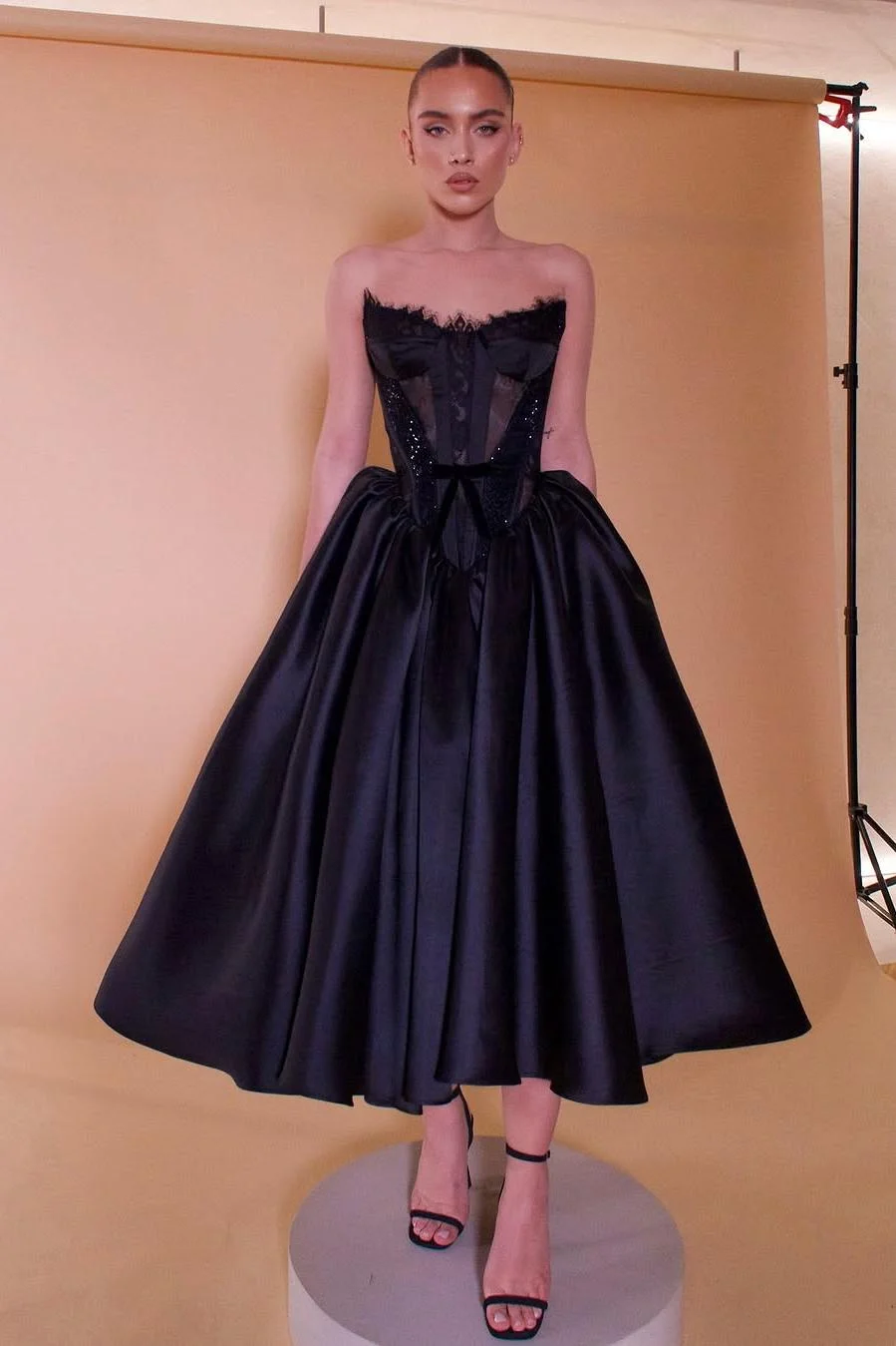 Miabel Elegant Black Satin Strapless A Line Sleeveless Lace Prom Dress with Sequins 