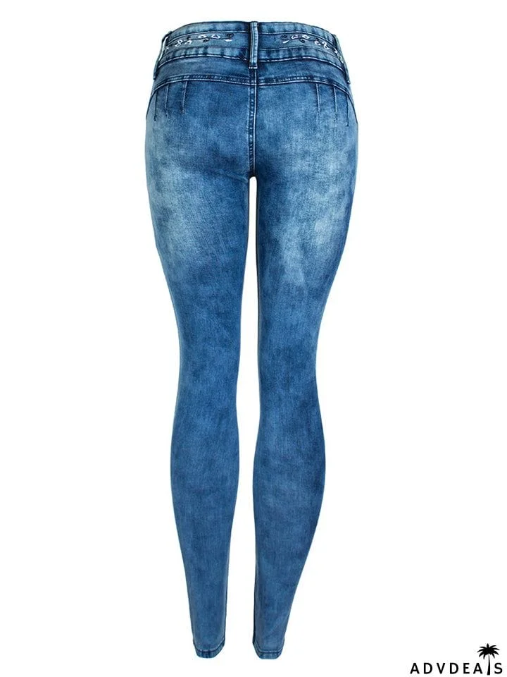 Women's Casual Style Floral Embroidery Buttons Denim Jeans