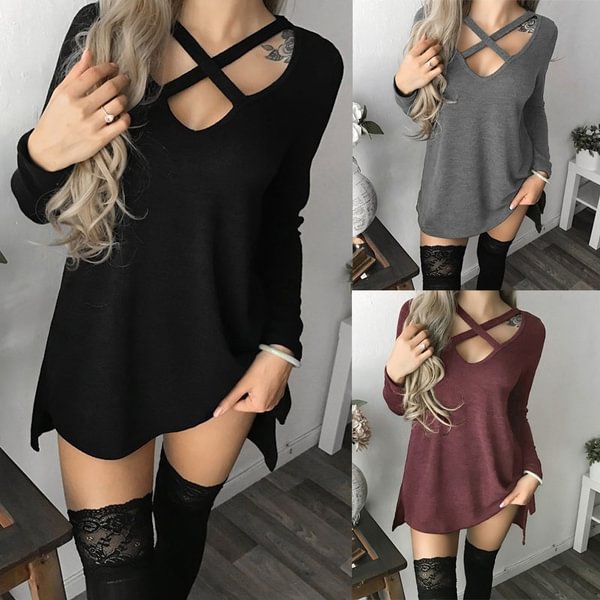 Women Fashion Sexy Long Sleeve Deep V-Neck Loose Mini Dress Cotton T-Shirt Party Dresses - Shop Trendy Women's Clothing | LoverChic