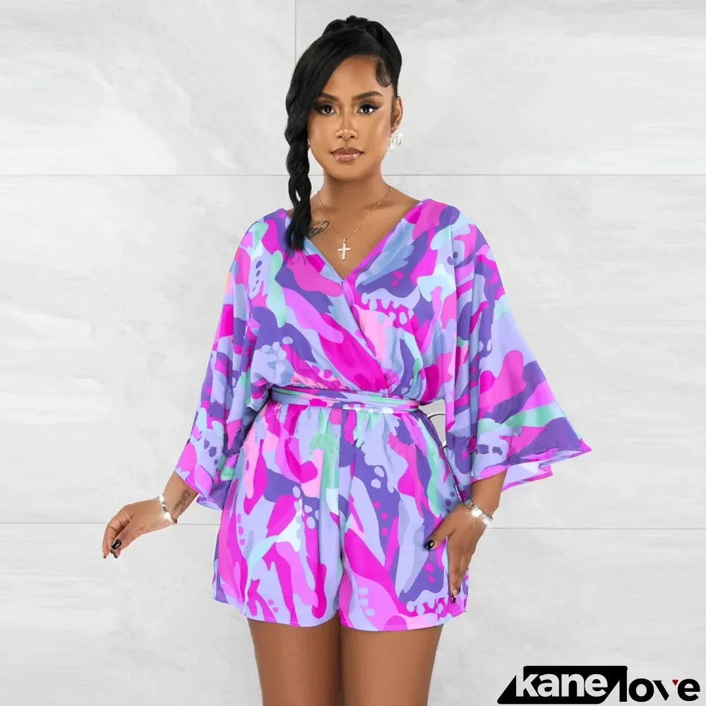 Fashion Print Long Sleeve Backless Romper With Belt