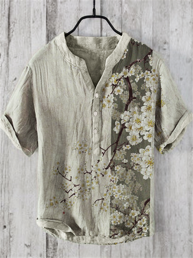 Simple Pear Blossom Japanese Art Linen Blend Shirt  artssus
