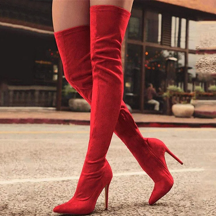 Red suede knee high boots online