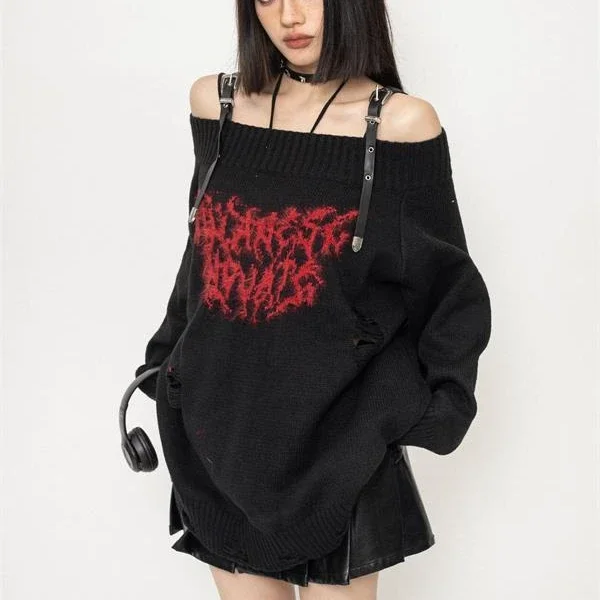 Tlbang Gothic Hollow Out Oversized Knitted Jumpers Grunge Jacquard Sweater Fashion Knitwear Y2k Aesthetic Slash Neck Pullover