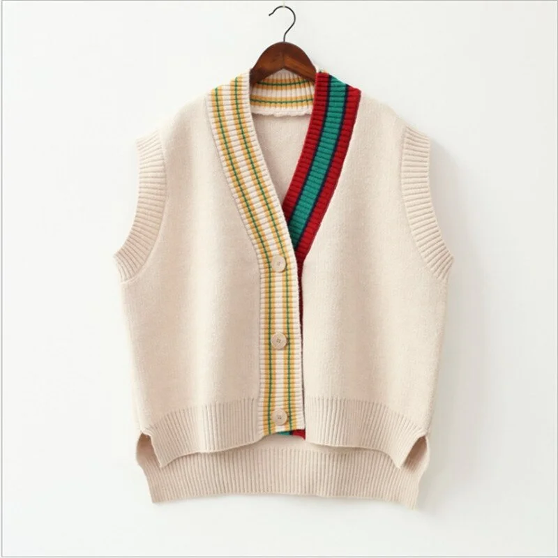 2021 Female Fashion Loose Vest V-neck Button Sweater Open Stitch Casual Striped Cardigan
