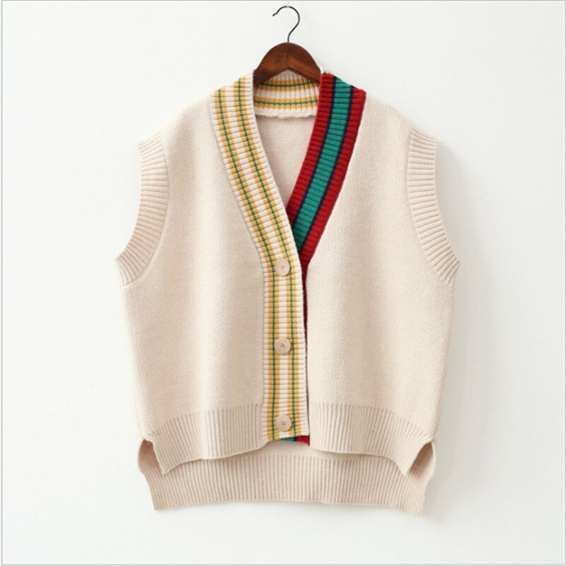 2021 Female Fashion Loose Vest V-neck Button Sweater Open Stitch Casual Striped Cardigan