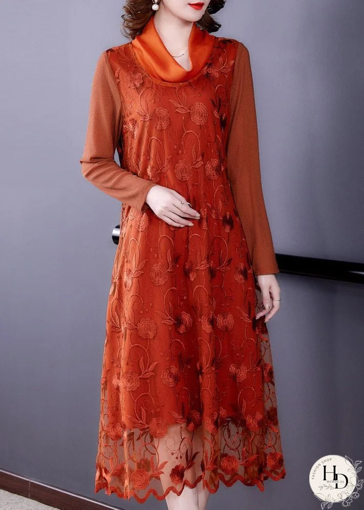 Stylish Orange Embroideried Floral Tulle Long Dress Long Sleeve