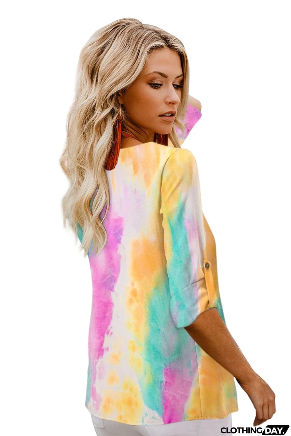 V-neck Long Sleeve Tie-dye Blouse With Buttons Closure