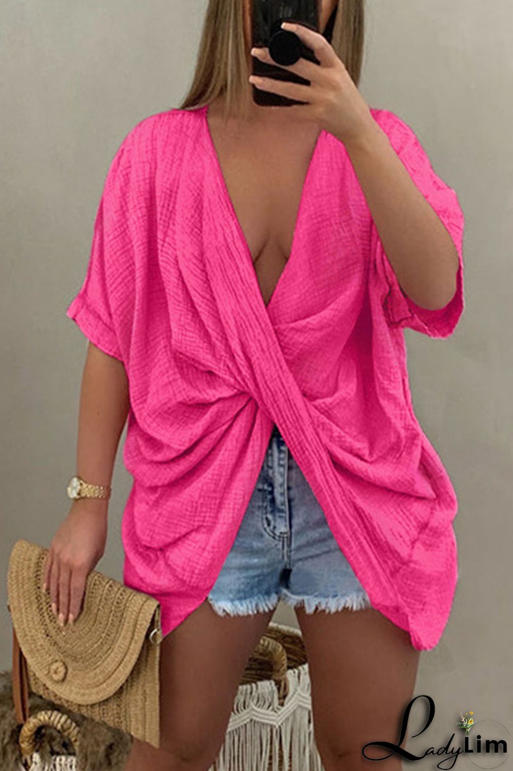 Pink Casual Solid Patchwork Asymmetrical V Neck T-Shirts