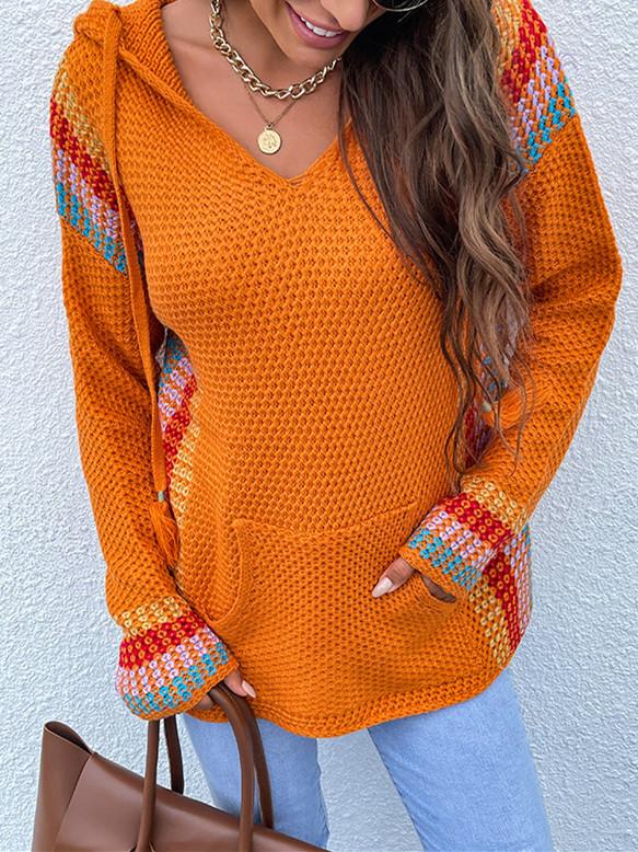 Women Long Sleeve V-neck Hooded Colorblock Top