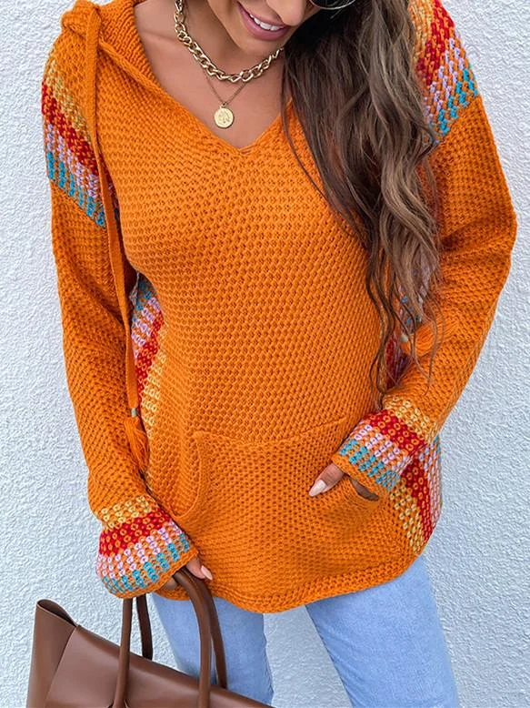 Women Long Sleeve V-neck Hooded Colorblock Top