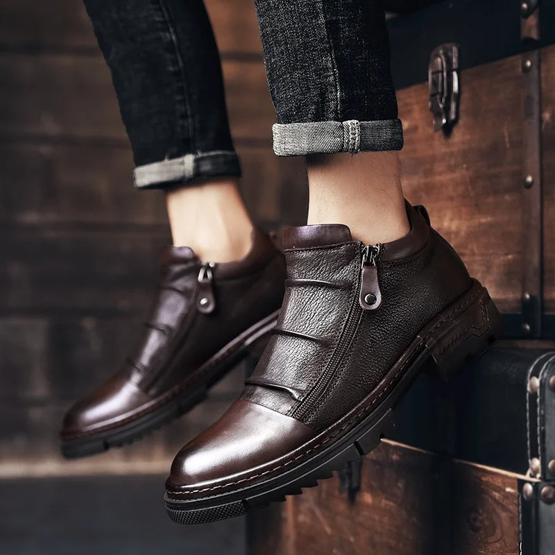 100% Genuine Leather Boots Men Autumn Fashion Retro Zipper Chelsea Ankle Booties Original designer Motorcycle shoes for Party