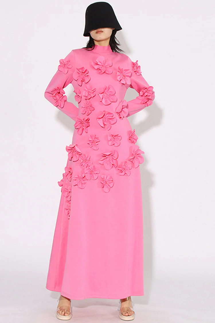 Mock Neck Long Sleeve 3D Floral Pocket Maxi Dress-Pink