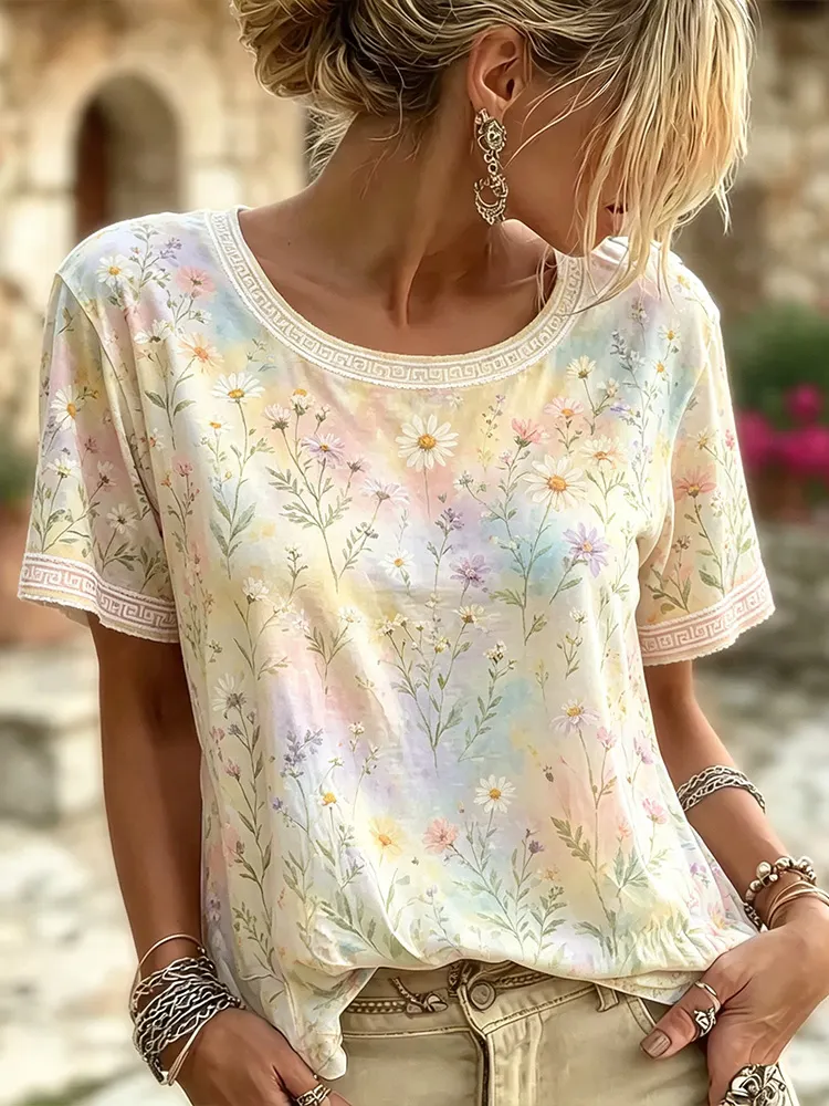 Comstylish Women's Vintage Small Floral Art Colorful Print Casual Crew Neck Short Sleeve T-shirt