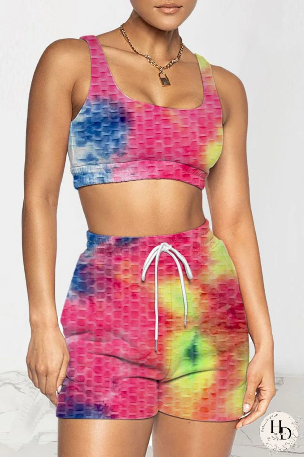 Pink Sportswear Patchwork Tie-dye U Neck Sleeveless Two Pieces