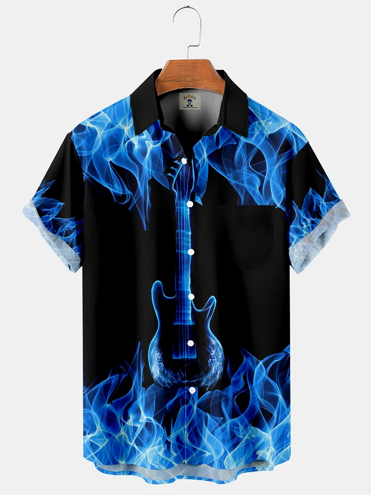 Men's Casual Hawaiian Flame Guitar Print Short Sleeve Shirt