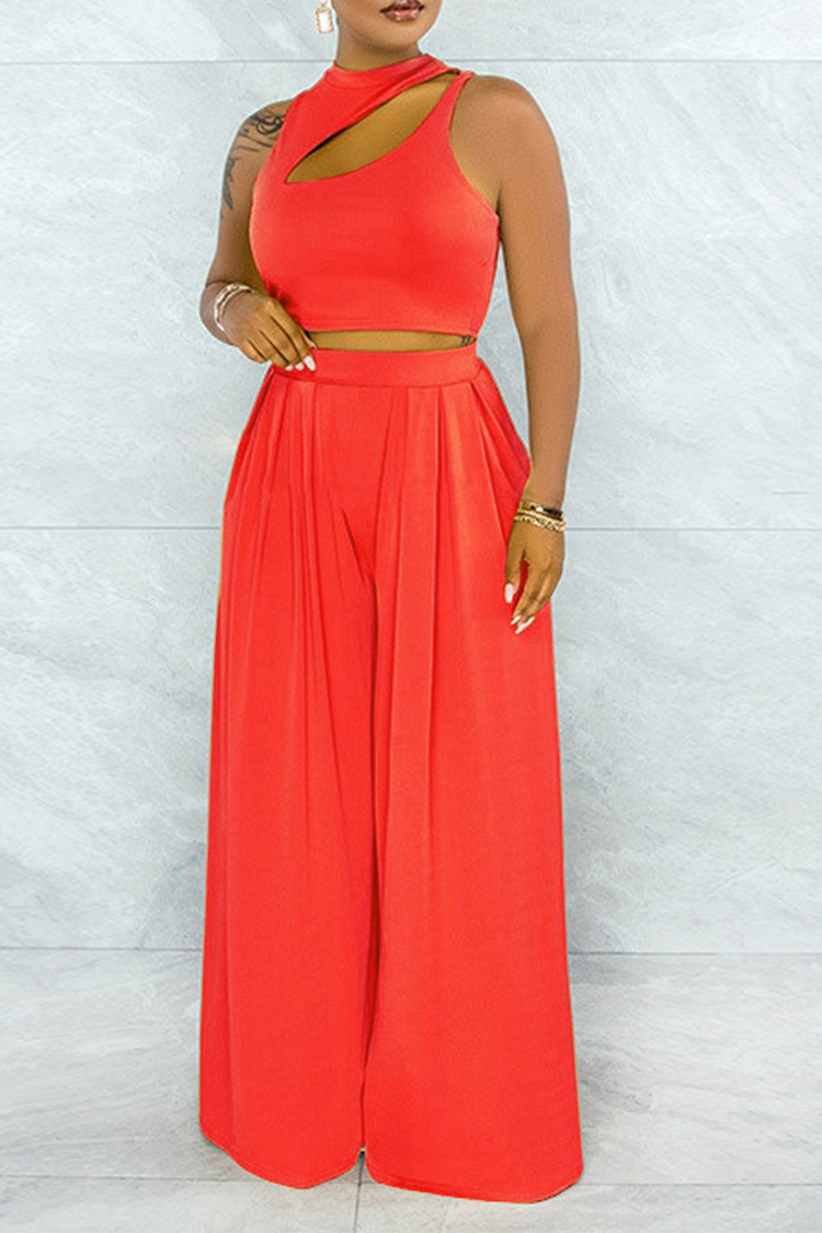Red Casual Solid Hollowed Out O Neck Sleeveless Two Pieces