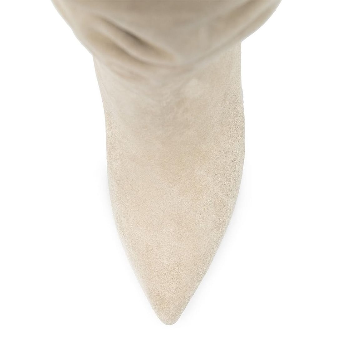 Beige Pointed Toe Mid Calf Boots with Decorative Rhinestone Block Heel