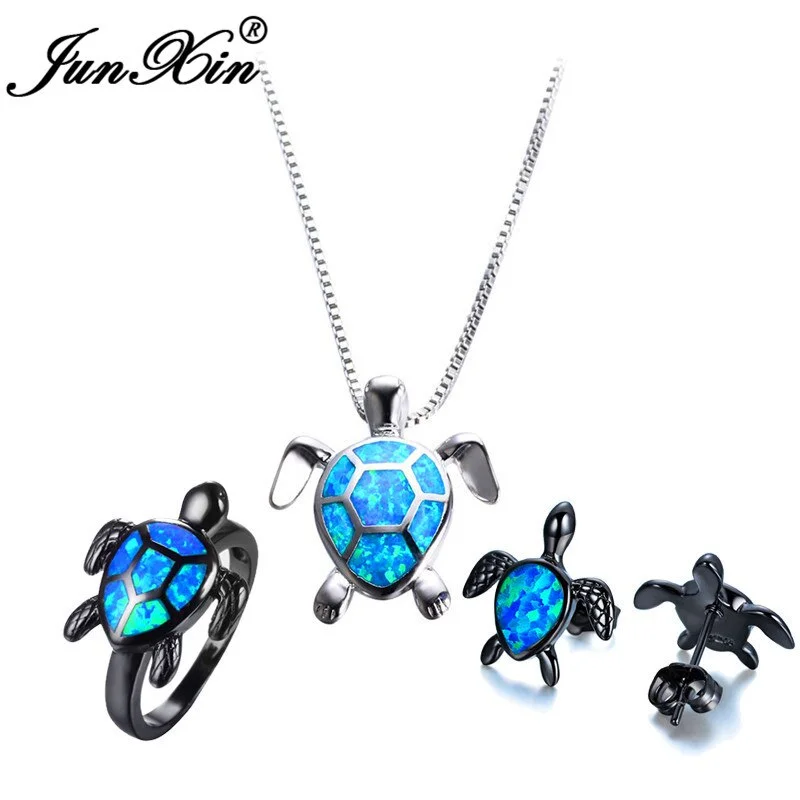 JUNXIN New Fashion Best Animal Jewelry Sets Silver Color Turtle Necklace Black Gold Filled Ring Double Earrings For Women