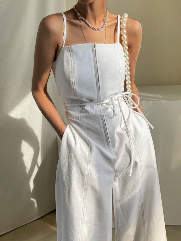 Women'S Jumpsuits Sling Zip Pocket High Waist Wide Leg Jumpsuit