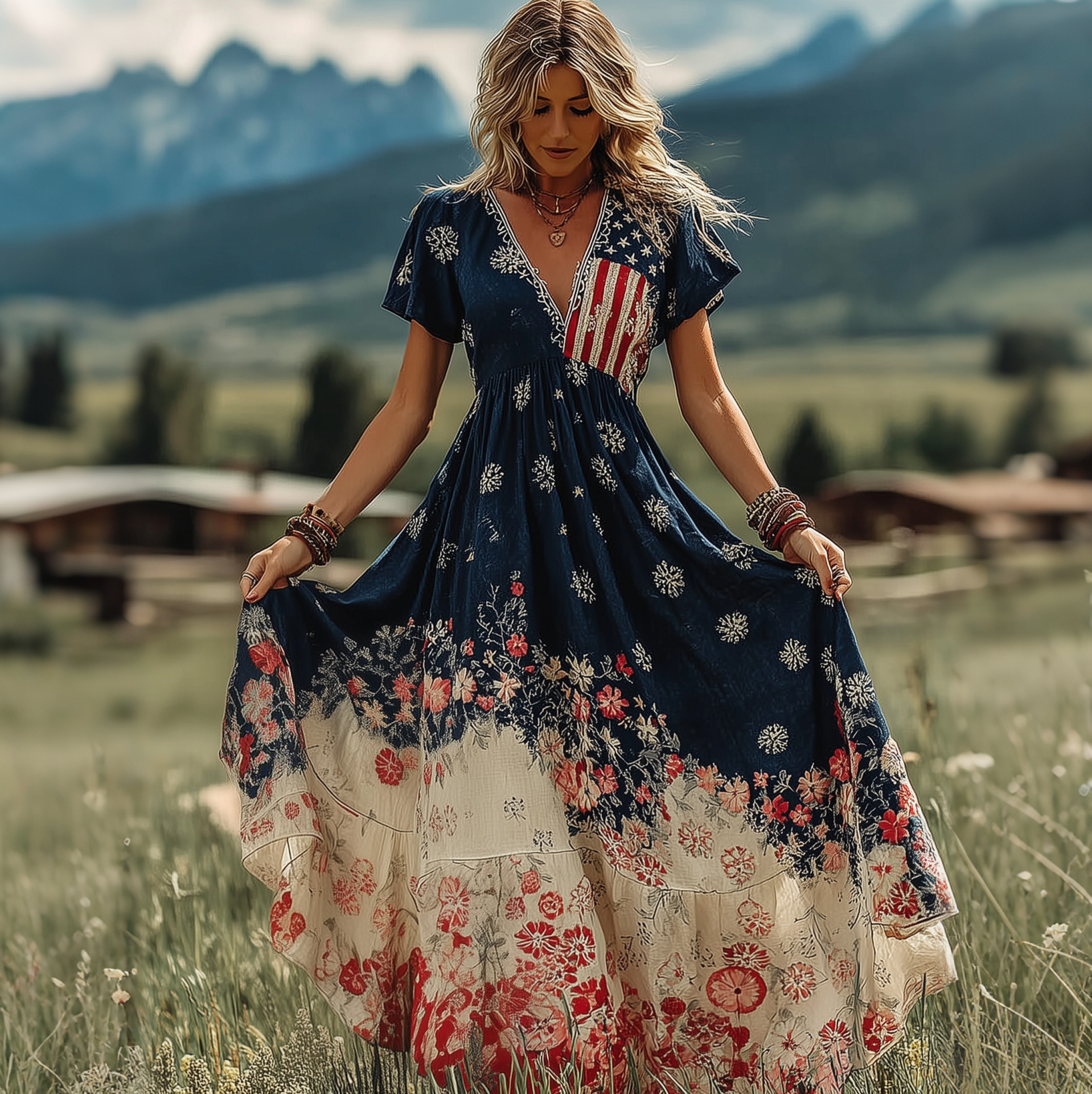  Women's Floral Flag Design Contrast Print Maxi Dress Westsshops