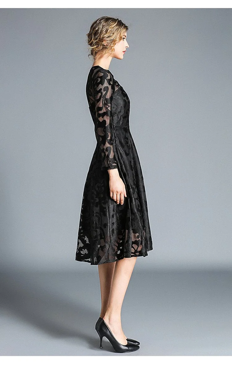 Temperament mid-length lace big swing long-sleeved dress