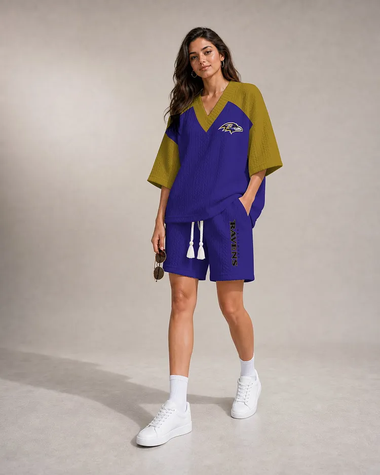 Baltimore Ravens Women&rsquo;s V-neck Jacquard Cable-Knit Tee & Shorts Set