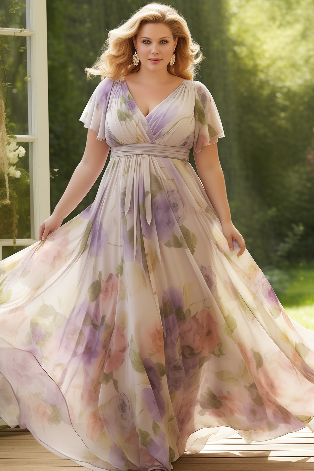Flycurvy Plus Size Wedding Guest Light Purple Chiffon Floral Print Wrap Flutter Sleeve Maxi Dress 2024 - Flycurvy 