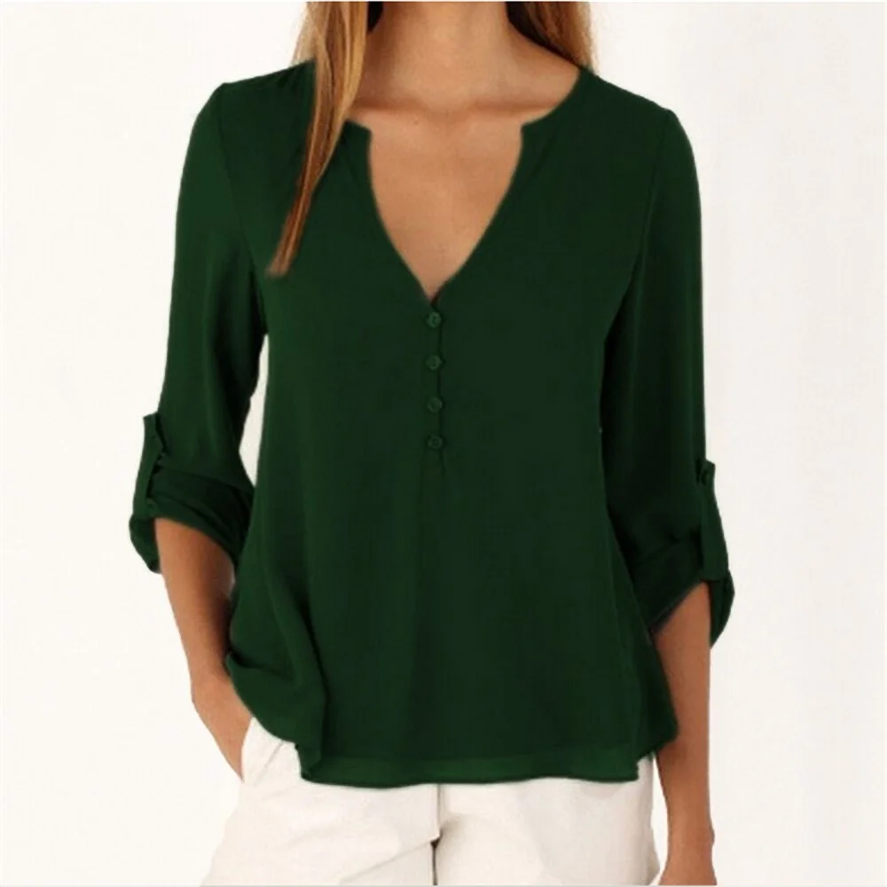 2020 New Autumn Fashion Women Deep V-Neck Button Long Sleeve Ladies Tops Chiffon Shirts Solid Elegant Top Casual Blouse