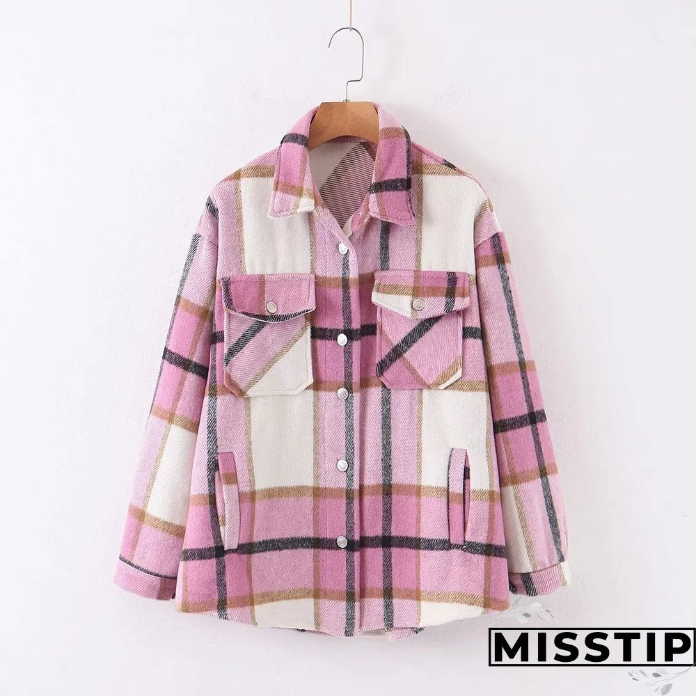 Classic Thick Colorblock Checked Button Down Shirt Jacket Woolen