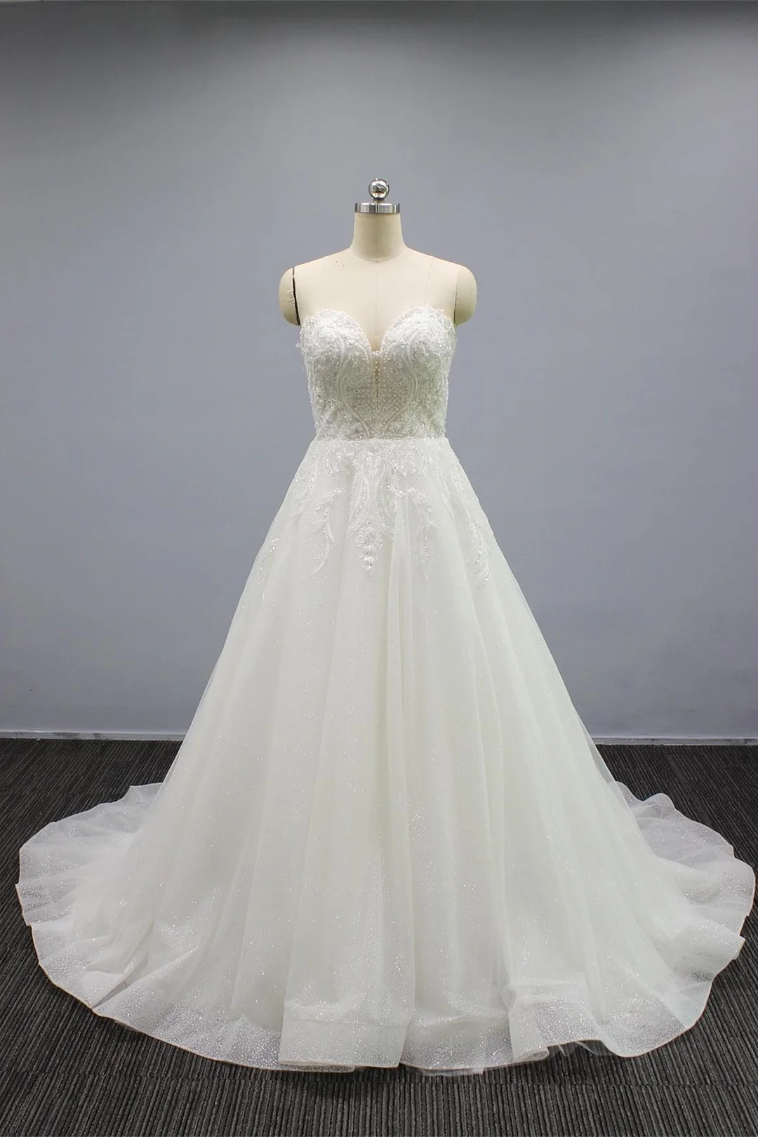 Daisda White Strapless A Line Wedding Dress Tulle With Appliques Beading Glitter Powder