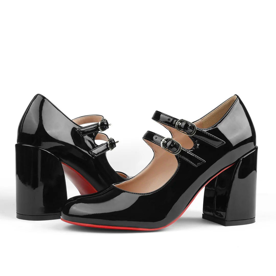 85mm Women's Chunky Heels Red Bottom Shoes Comfortable Miss Jane Block Heel Patent Pumps-MERUMOTE