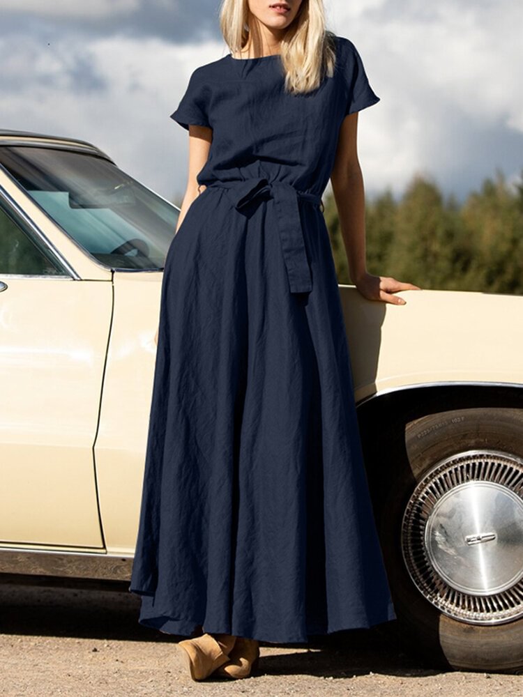 Solid Pocket Swing Short Sleeve Maxi Dress With Belt - Shop Trendy Women's Fashion | TeeYours