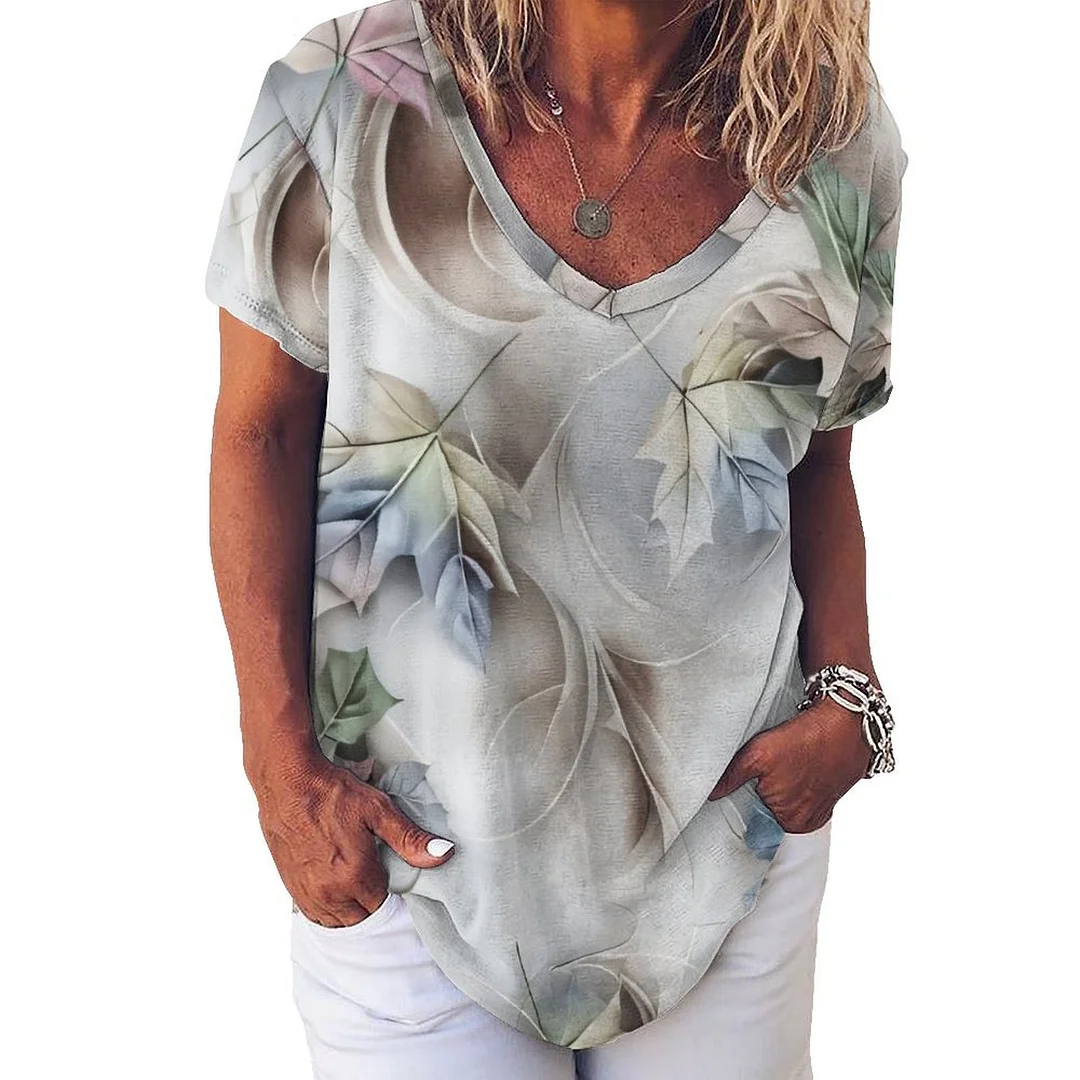 V-neck Short Sleeve Casual T-shirt for  Women Printed with Pattern Texture, Gray, Blue