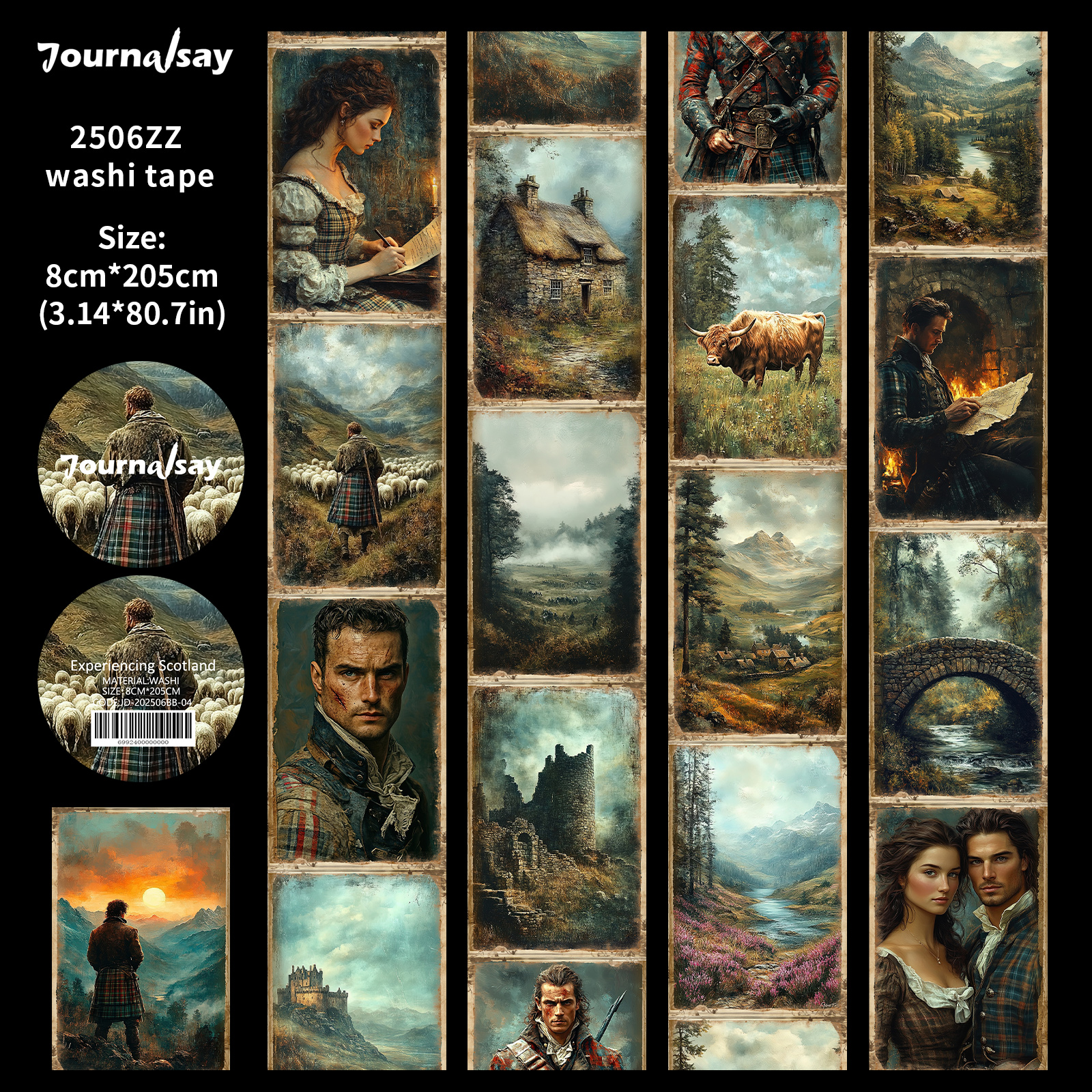 Washi Tape - 80mm*205cm Journalsay Experiencing Scotland Vintage Forest Character Landscape 