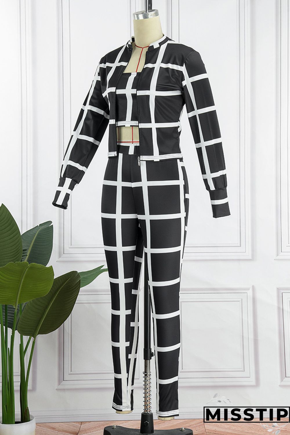 Black Casual Print Patchwork Turndown Collar Long Sleeve Three-piece Set