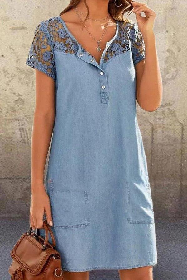 Womens Light Blue Denim Lace Stitching Elegant Mini Dress-Allyzone-Allyzone