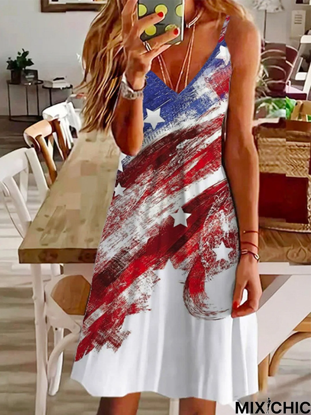 Color-block Stars Flag Sleeveless V Neck Casual Dress